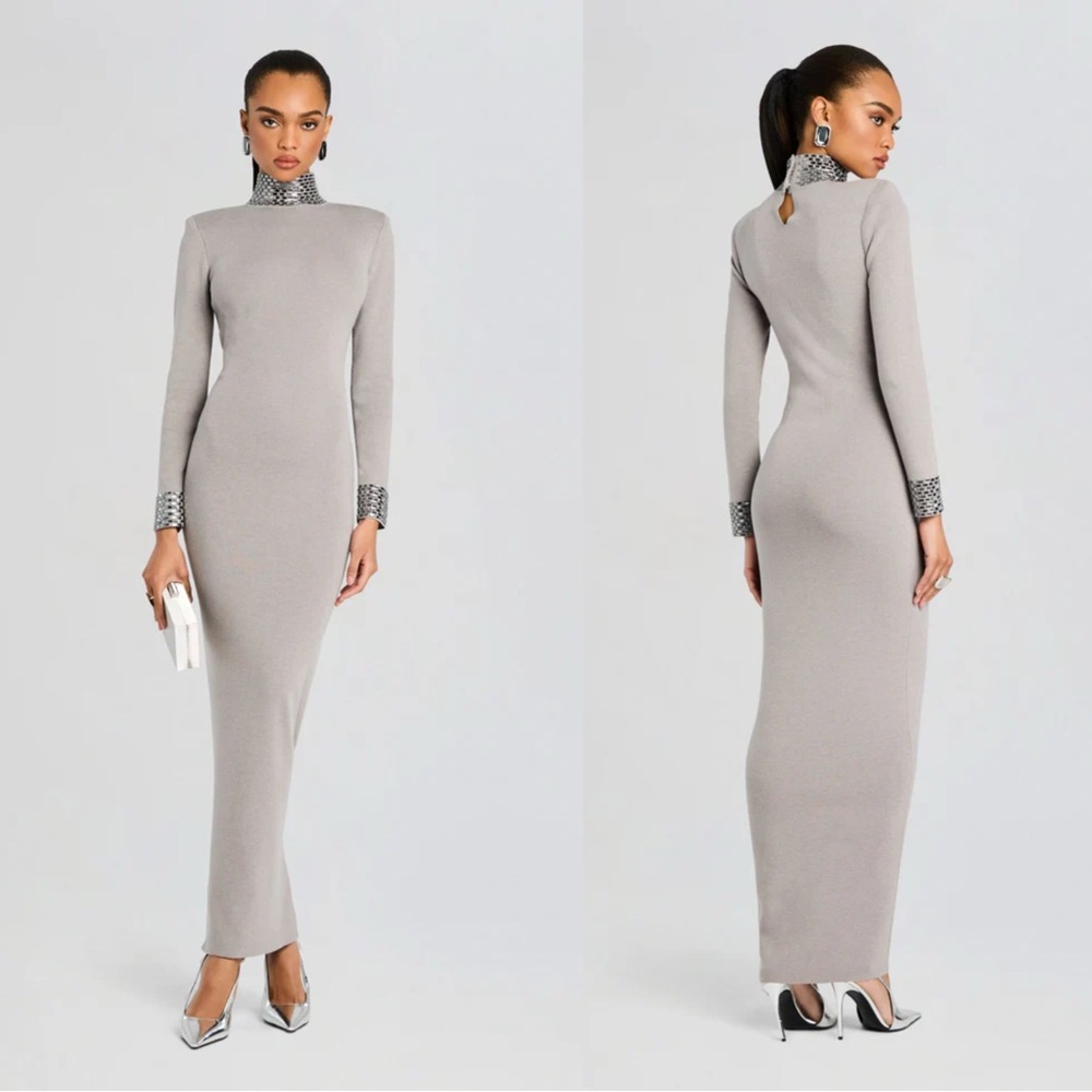 Retrofete Monroe Embellished Cashmere Blend Knit Maxi in Cloud Grey Small